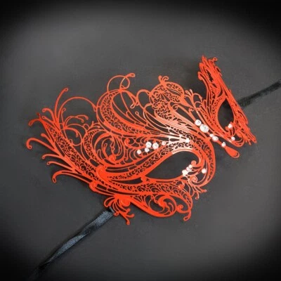 Womens Beautiful Swan Filigree Laser-Cut Light Metal Masquerade Prom Mask [Red] - Image 1 of 4