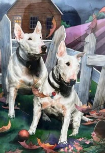 Original Watercolor Painting 2 Bull Terrier Dogs Landscape by Karen Kirk Shields - Picture 1 of 12