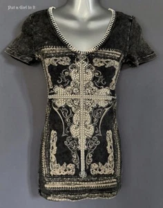 Neu Vocal graues mineralfarbenes Damen-Shirt mit Kristallverzierung und Peitschenstich S Small - Bild 1 von 4