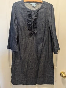 Draper James Dark Chambray Ruffle Shift Dress Denim 3/4 Bell Sleeves Size 10 NWT - Picture 1 of 9