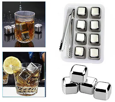 Stainless Steel Whiskey Stones X 8 Ice Cubes With Tong Reusable Cooling Ice Cube • 34.45$