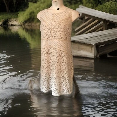 Sleeveless Sheath Dress White Crochet Lace Beige Flesh Tone Lining Sz 20W (2X) - Image 1 of 4