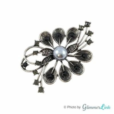 Broche Floral Spray Estrás Negro Gris Imitación Perla Tono Plata Foto 1 de 4