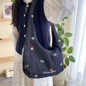 Bow Denim Embroidered Tote Bag Canvas Women Messenger Bag Female - Picture 1 of 12