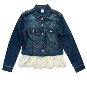 Cabi Women’s Small Denim Chantilly Wash Detachable Lace Crop Dakota Jean Jacket - Picture 1 of 23
