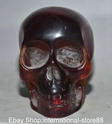 4.4" Old Chinese Red Amber Carving Feng Shui Human Skeleton Skull Head Statue - Image 1 of 4