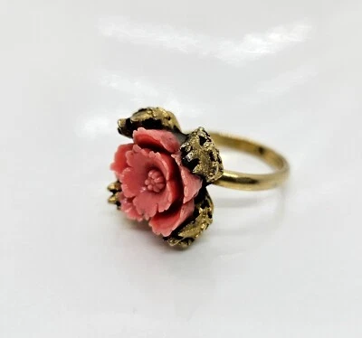 Coral Peach Gold Tone Molded Plastic Metal Ring Adj Flower Design Size 6.5" - Image 1 of 4