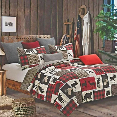 Rustic Bear Cabin Lodge Life 3pc KING Quilt Set Red Buffalo Check Plaid Black - Image 1 of 4
