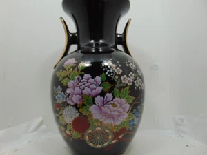 Japanische 10" Vase schwarz mit Goldrand - Blumenmuster handbemalt - Bild 1 von 10