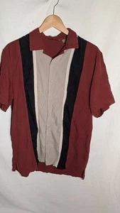 Axist Mens 100% Silk Bowling Shirt Medium Red Striped Short Sleeve Collared - Picture 1 of 7
