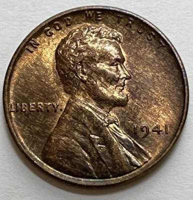 1941 Wheat Penny Woody Improper Alloy Mix Error & DDO Double Nose Rainbow Toning - Image 1 of 4