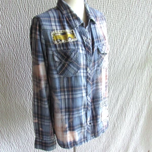 Soft Vintage Flannel Womens Shirt L SNAPS Unique Patches Plaid Bleached Blue - Picture 1 of 12