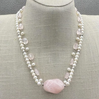 Pink Jade Faux Pearl Double Strand Necklace Gemstone Sterling Silver Clasp 16" - Image 1 of 4