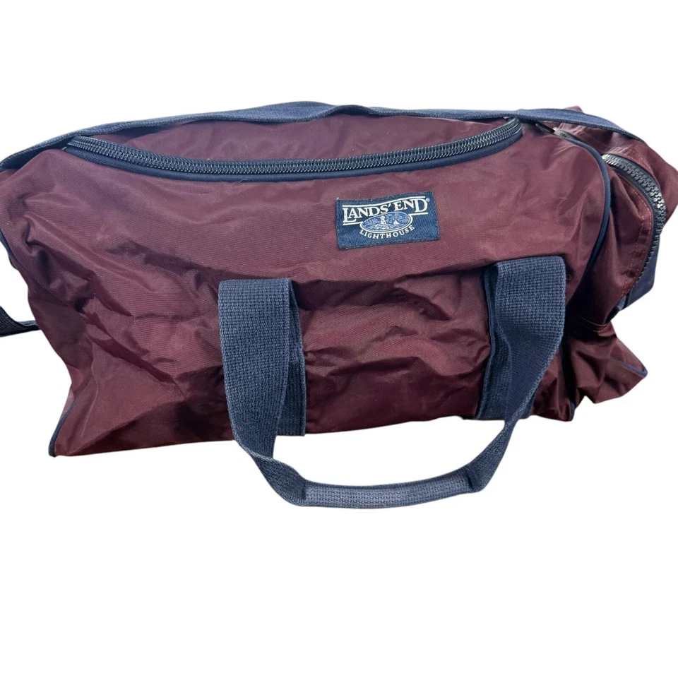 Lands End Lighthouse Vintage USA Made Duffle Weekend Bag Plum Blue Gym Travel - Image 1 of 4
