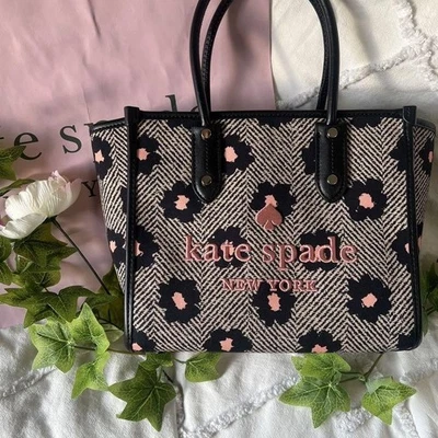 Kate Spade Ella HerringBone Floral Tote Bag canvas Black Pink Auth Used From JPN - Image 1 of 4