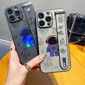 For iPhone 15 14 13 12 Pro Max 11 Glossy Astronaut Hand Strap Leather Case Cover - Picture 1 of 11