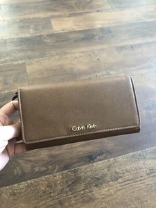 CK logo beige premium leather wallet women one-fold durable gift idea - Picture 1 of 2