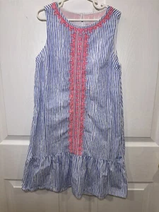 vineyard vines girl dress Size 10 Cotton Blue Stripe Sleeveless Pink Embroidery - Picture 1 of 6