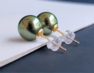 PAR DE PENDIENTES DE PERLA REDONDA DE PAVO REAL NEGRO GENUINO TAHITIANO MAR NATURAL DE 11 MM 6 Foto 1 de 3