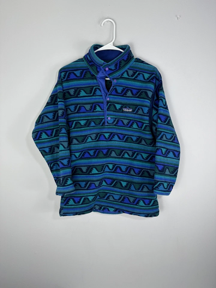 VTG Patagonia Kids Aztec Waves Fleece 1/4 Snap T Pullover Size 12 Made USA READ - Image 1 of 4