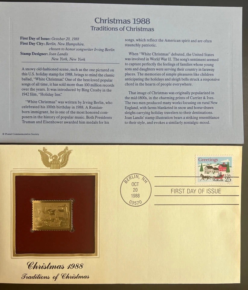 Noël 1988 FDC #2400 PCS Feuille D'Or 1988 Berlin, NH 10/20/88 Traditions Xmas - Photo 1/1