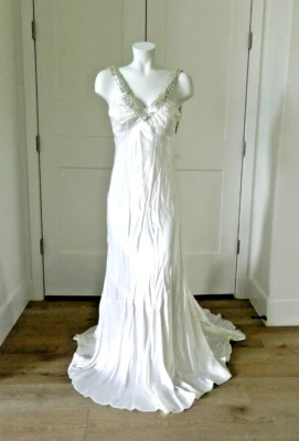 Vtg.  Zum Zum Ivory Satin Sequin Prom Special Occasion Slip Dress w/Train  9-10 - Image 1 of 4