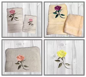 BATH SHEET/ BATH TOWEL/ HANDTOWEL SET EMBROIDERED WITH ' SINGLE ROSE ' - Picture 1 of 4