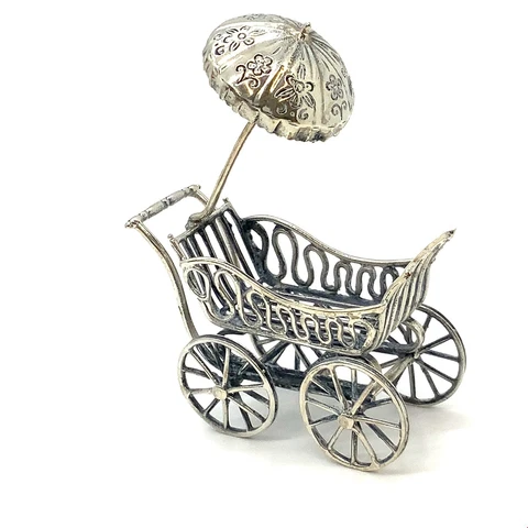 Vtg Sterling Signed Medusa Oro Italy Filigree Style Baby Pram Trolley Miniature Cover