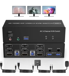 HDMI + 2 Displayport USB 3.0 KVM Switch Triple Monitor for 2 Computers, 4K@60... - Picture 1 of 8