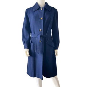 1960s Vintage Wool Coat, M/L Navy Blue Gold Buttons, Pockets, Belted Jacket - Picture 1 of 10