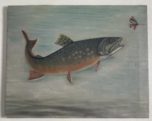 Vintage Original Oil Painting Fine Old Fish Portrait Habitat Salmon Fly Fishing - Picture 1 of 11