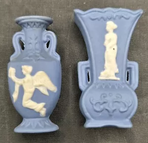 Pair 2" Miniature Double Handle Pottery Vases Japan Jasperware Style Vintage - Picture 1 of 6