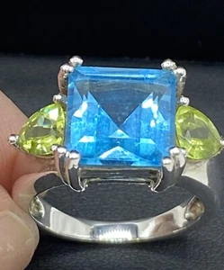 Topas Peridot 925 Silber Cocktail Ring Gr. 8 blau eckig grün Dreieck Baguettes - Bild 1 von 17