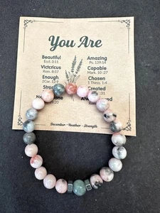 December Heather Strength Pink Gray Agate Beaded Stretch Bracelet - Picture 1 of 7