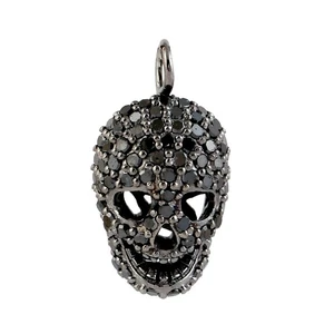 Black Diamond Skull Shape Pendant 925 Sterling Silver Handmade Fine Jewelry - Picture 1 of 6
