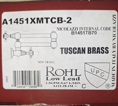 ROHL A1451XMTCB-2 Pot FILLERS, 24.6-in L x 2.5-in W x 2.5-in H, Tuscan Brass - Image 1 of 2
