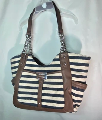 Сумочка Chaps Ralph Lauren темно-синяя и кремовая в полоску полный размер бывшая в употреблении трудно найти - Изображение 1 из 4