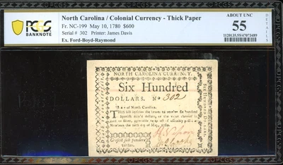 1780 Colonial Currency NC $600 Note FR-NC-199 - Certified PCGS 55 Detail (Ch AU) - Image 1 of 2