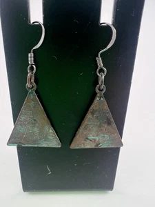 Handmade Earrings Rustic Metal Triangle Steampunk Brown Teal Dangle New - Picture 1 of 5