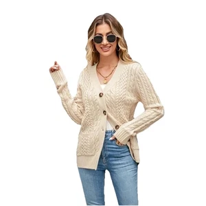 Beige Cable Knit Fisherman Cardigan Sweater L NWT Chunky Buttons Pockets Preppy - Picture 1 of 9