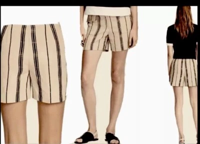 NOVO $225 Tory Burch Edna Shorts Listrado Casual Linho de Seda Tamanho 4 Novo Preto Bronzeado - Imagem 1 de 4