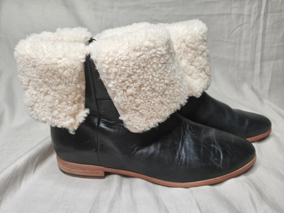 Kate Spade Saturday Ankle Boots Womens 8.5 Black Leather Sherpa Fold Over Flap - Image 1 of 4