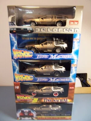 DELOREAN,  BACK TO THE FUTURE 1, 2, & 3  TIME MACHINES  { SET OF 5 ]  1/18 NIB - Image 1 of 4