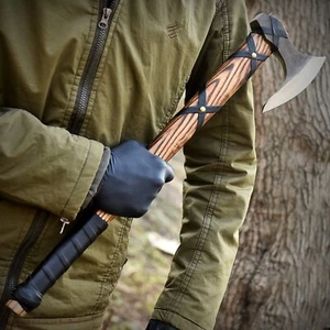 Viking-Style Throwing Axe with Handcrafted Wooden Handle and Leather Wrapping - Picture 1 of 13