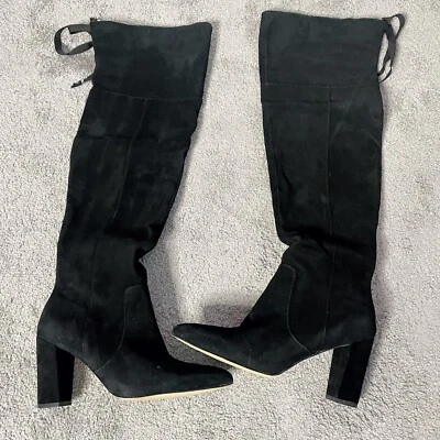 Черные замшевые сапоги Adrienne Vittadini высотой выше колена с заостренным носком и серебряными заклепками 9,5 - Изображение 1 из 4