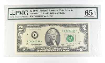 1995 $2 Atlanta GA FRN Fr#1936-F* Star Error Gem Unc 65 EPQ PMG Low Serial *5454 - Image 1 of 3