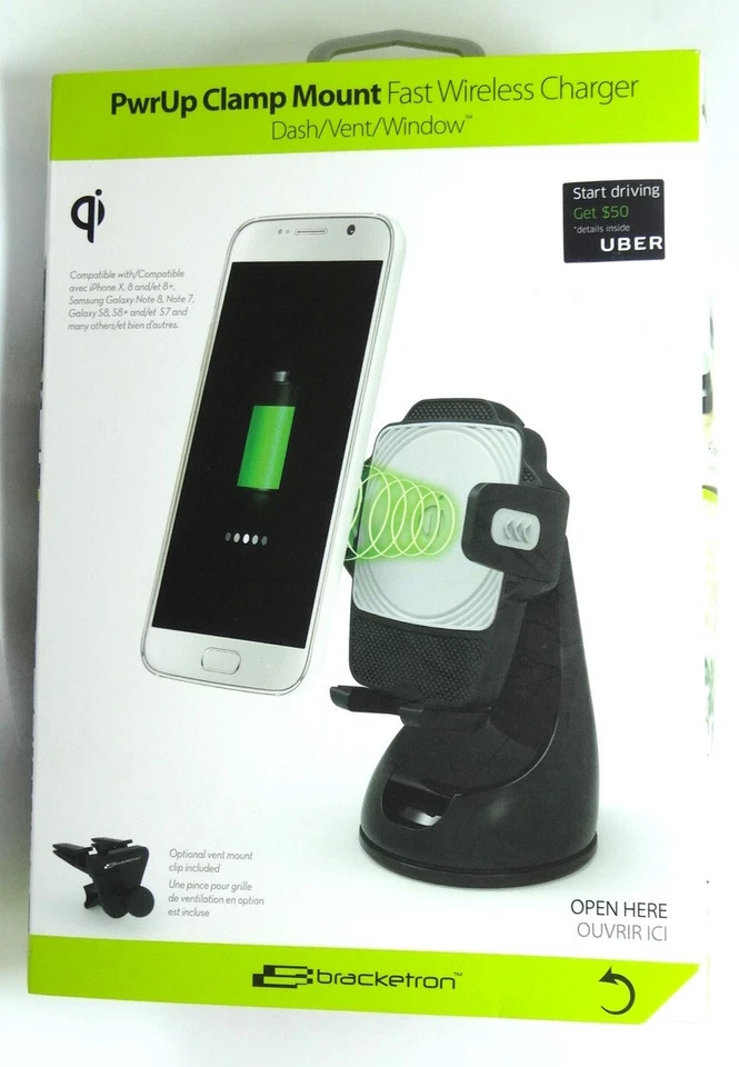Bracketron PwrUp 夹具安装快速无线 Qi 充电器汽车仪表板/通风口 — 第 1/2 张图片