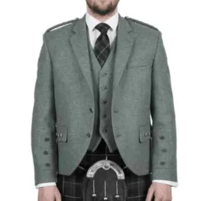 100% Tweed Scottish Men's Lovat Green Argyle kilt Jacket With Waistcoat Wedding - Image 1 of 4