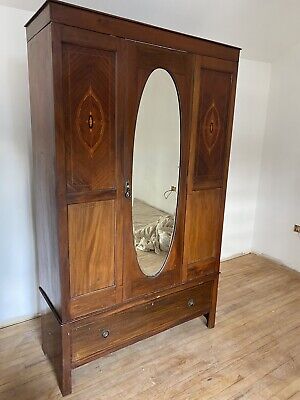 Antique Edwardian Mahogany Wardrobe  Large Oval Mirror 1 Long Drawer Inlaid • 423.29£