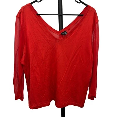 Lynne Ritchie Womens Red Silk Cotton Blend V-Neck Sheer Sleeve Top Sz XL - Image 1 of 4